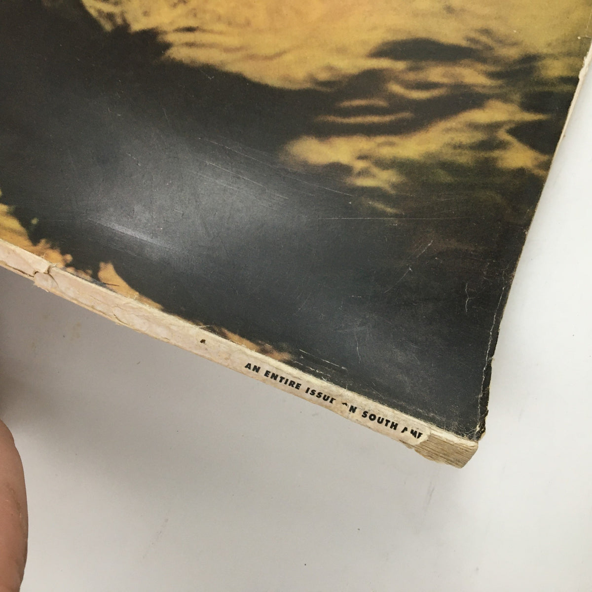 Close-up of the spine of the Holiday Magazine November 1956 featuring the phrase 'An entire issue on Central and South America'. A collectible vintage magazine showcasing mid-20th century travel.