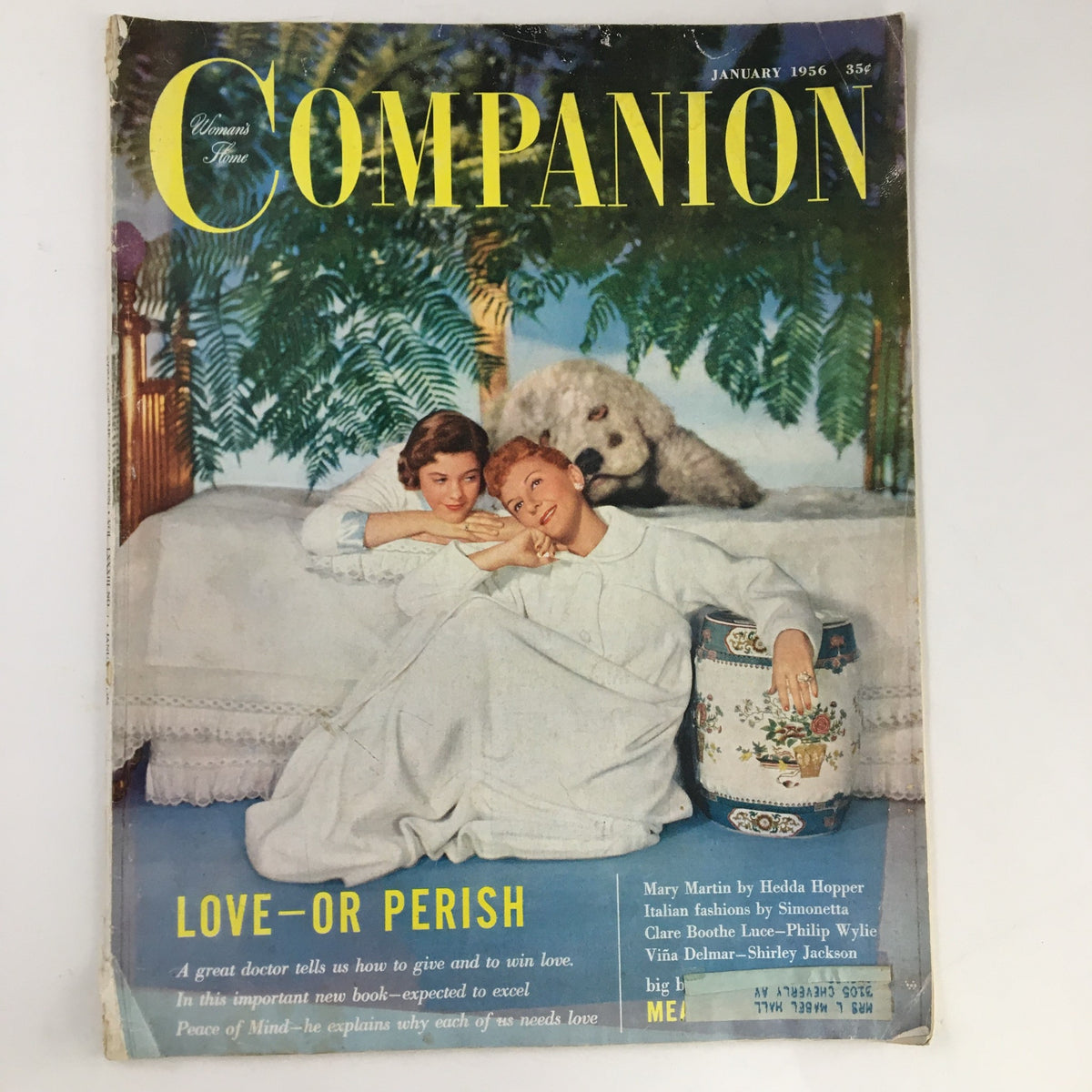 Cover of the Woman's Home Companion Magazine January 1956 featuring an illustration with two women, an article titled 'Love - Or Perish', and lush decor.