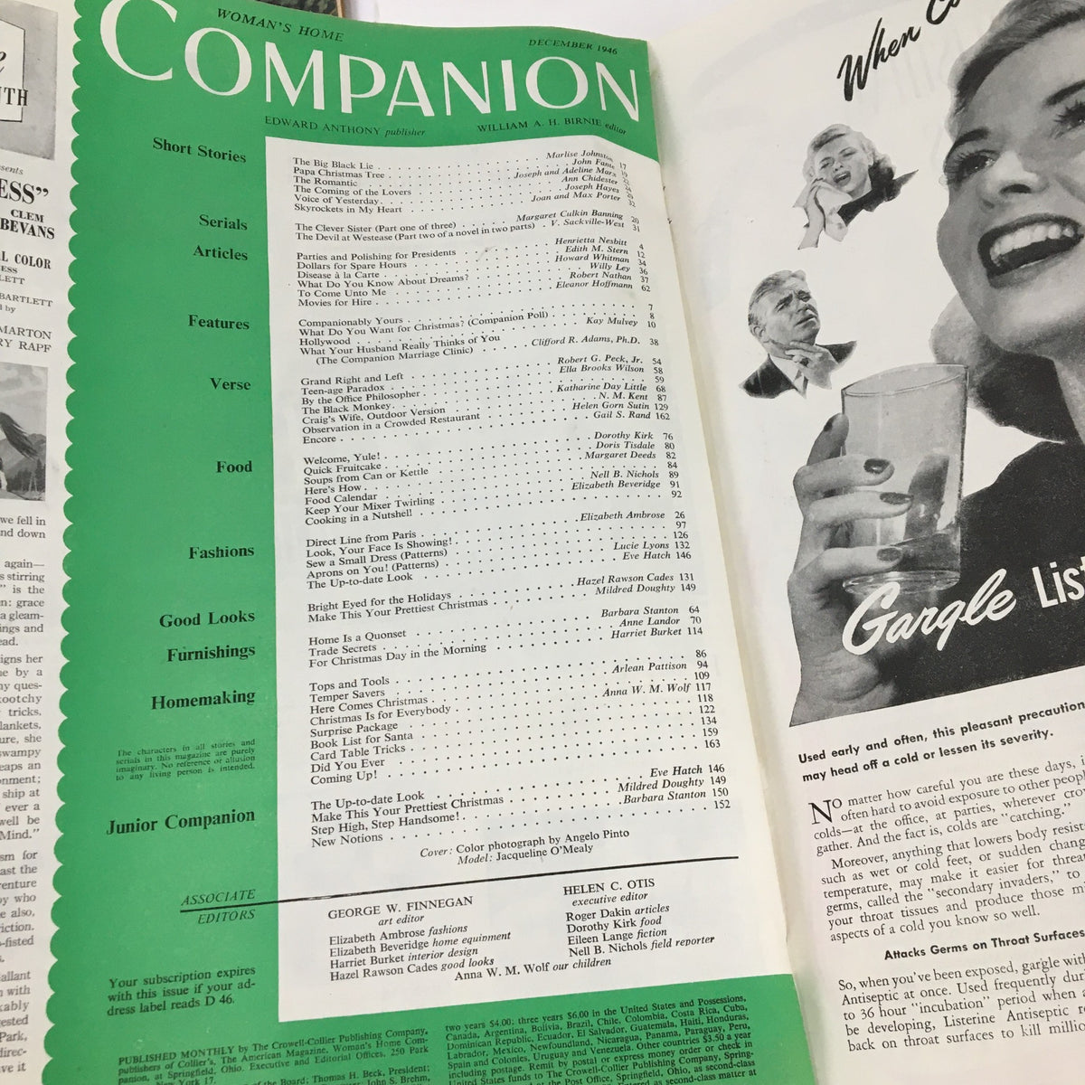 Interior page of Woman's Home Companion Magazine December 1946 displaying the table of contents along with various articles and features related to holiday themes.