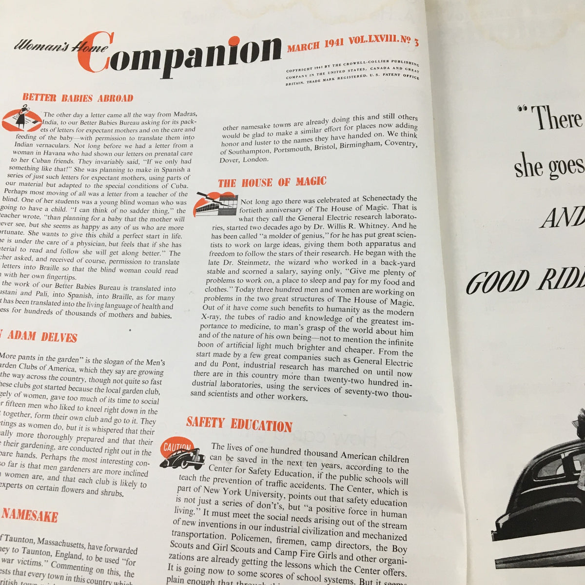 Feature article page from Woman's Home Companion March 1941 discussing 'Better Babies Abroad' and 'The House of Magic'.
