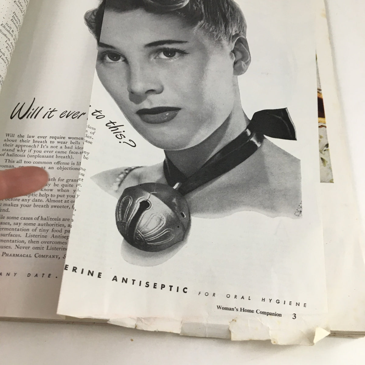 Interior page of Woman's Home Companion October 1946 showcasing an advertisement for oral hygiene products, emphasizing historical beauty standards and communication on breath health.