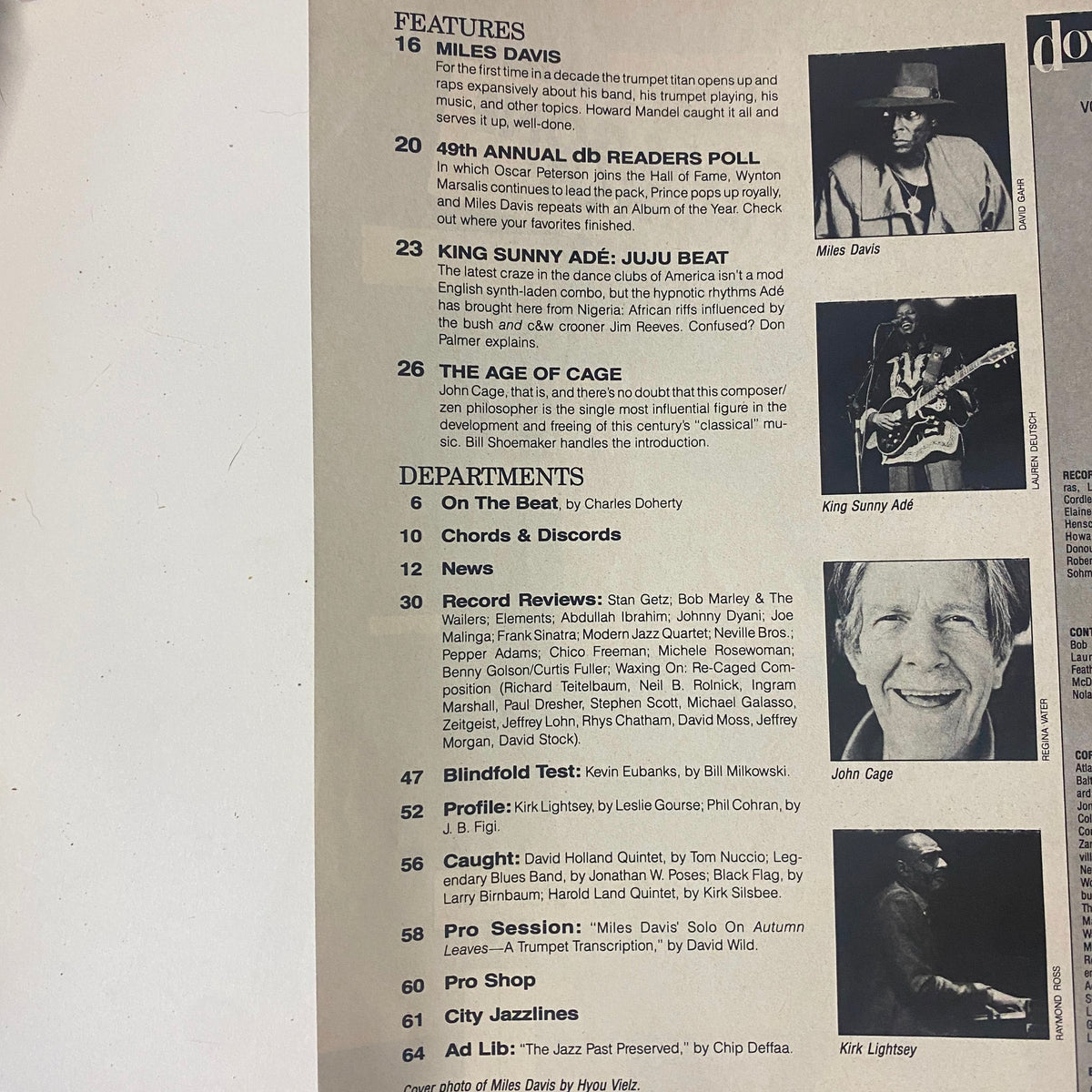Interior page of Down Beat Magazine December 1984, displaying features on Miles Davis, 49th Annual Readers Poll, and profiles of musicians including John Cage and Kirk Lightsey.