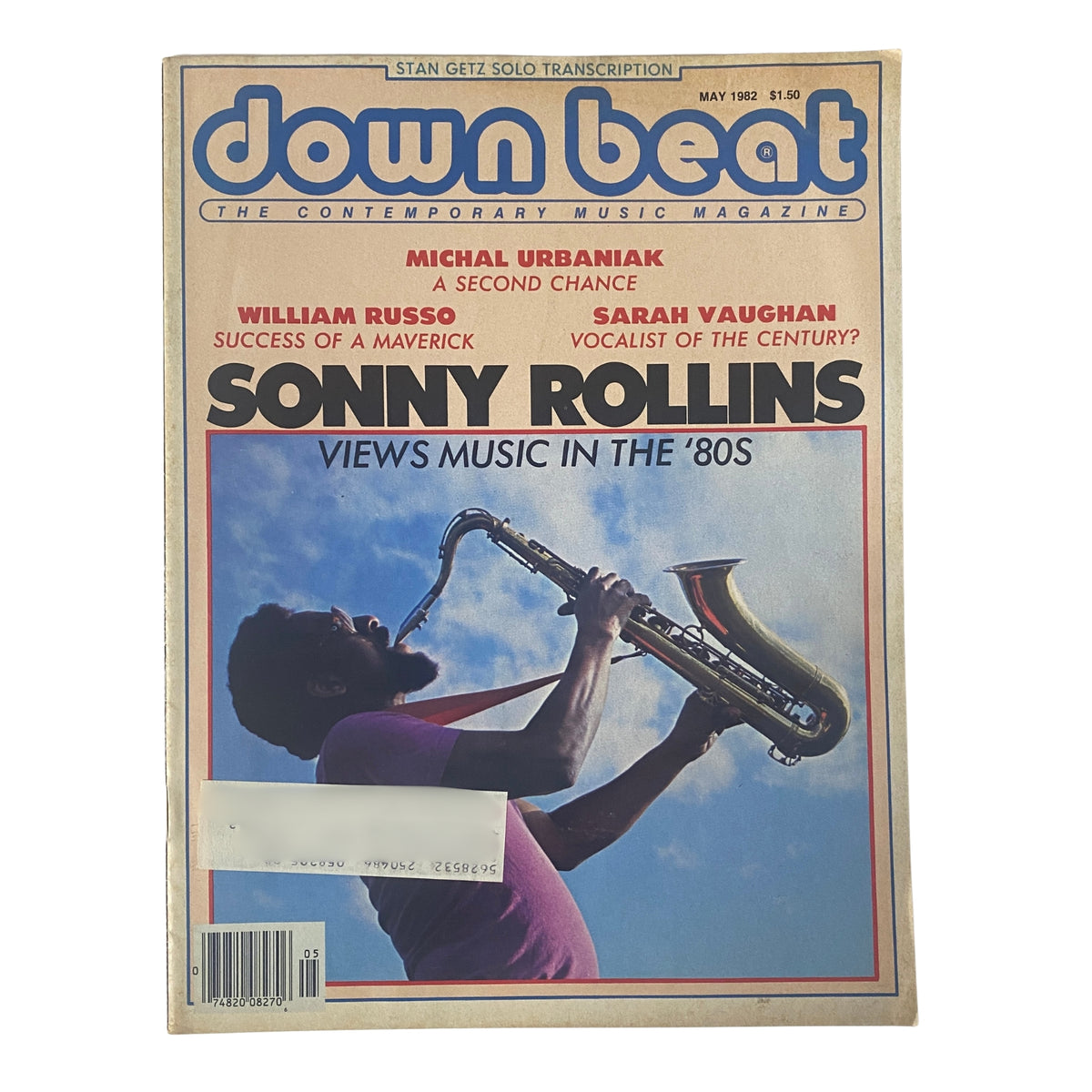 Cover of Down Beat Magazine May 1982 featuring Sonny Rollins, highlighting his interview on music in the '80s, along with articles on Michal Urbaniak and Sarah Vaughan.