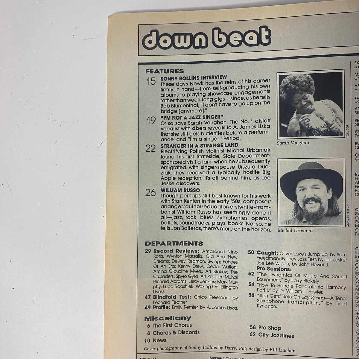 Inside page of Down Beat Magazine May 1982, detailing features including Sonny Rollins' interview, Sarah Vaughan's reflections, and Michal Urbaniak's journey.
