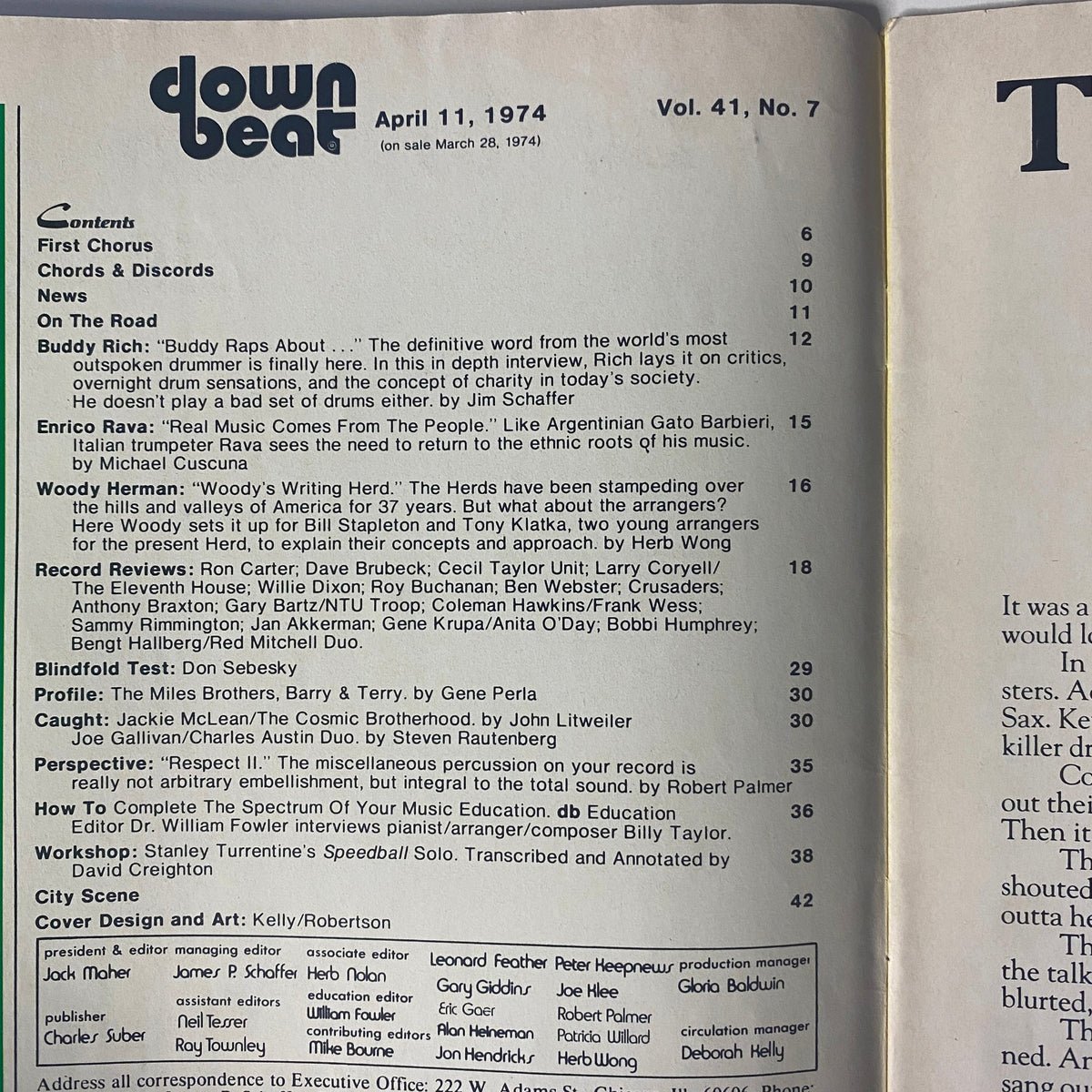 Table of contents for Down Beat Magazine April 11, 1974 Vol. 41 No. 7 detailing articles including Buddy Rich's interview, Enrico Rava's insights, and various music reviews.