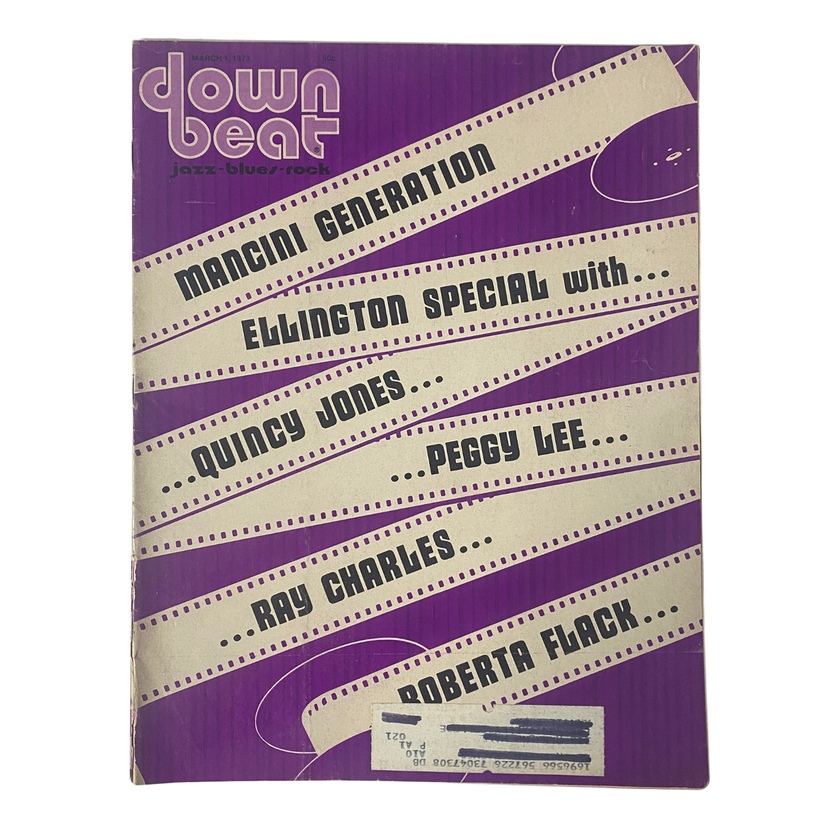 Cover of Down Beat Magazine March 1, 1973, Vol. 40 No. 4 featuring 'The Mancini Generation'. The design includes names like Quincy Jones, Peggy Lee, and Ray Charles.