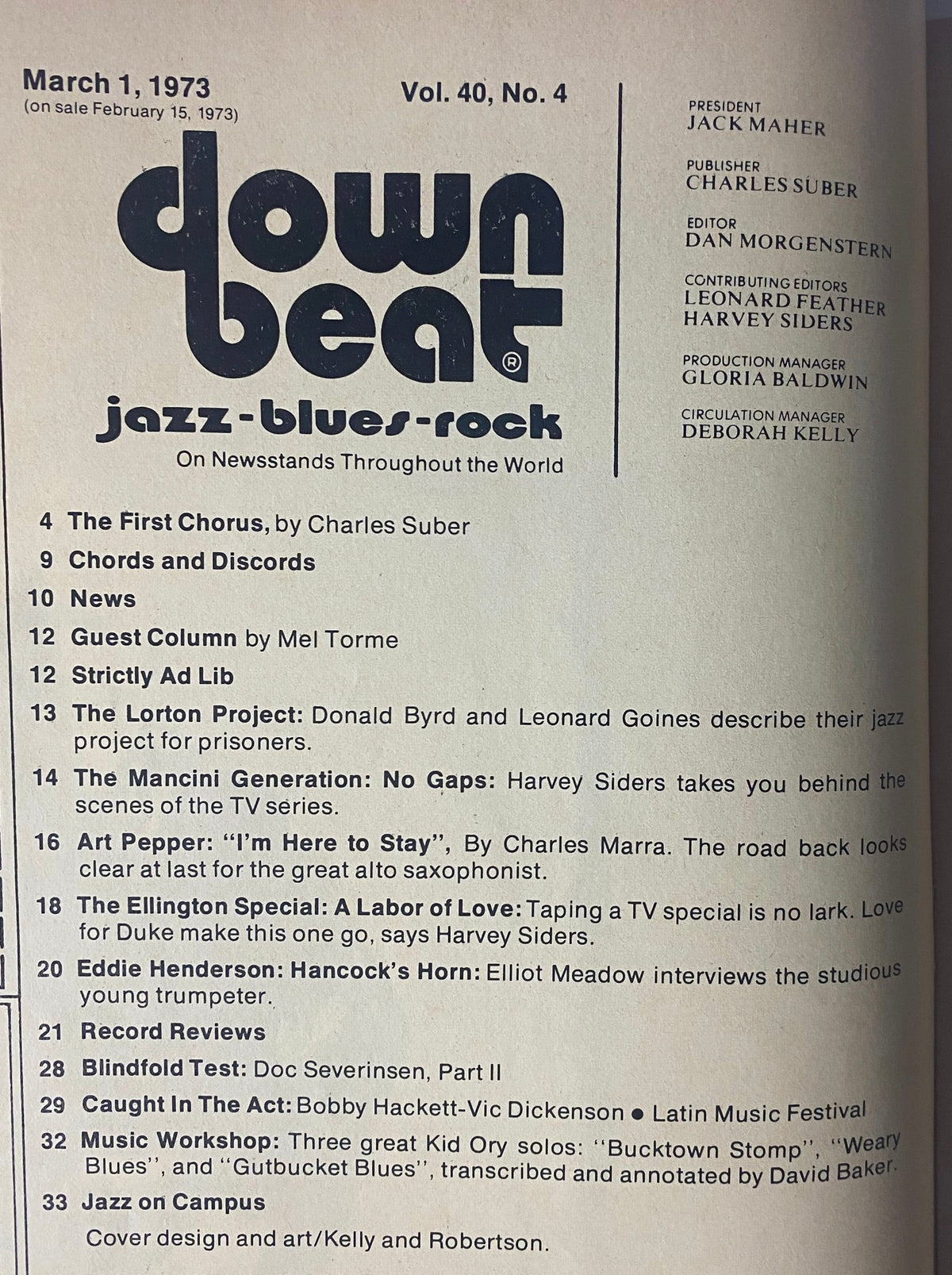 Table of Contents from Down Beat Magazine March 1, 1973, Vol. 40 No. 4. Highlights include articles on Duke Ellington and Donald Byrd, showcasing an overview of jazz features.