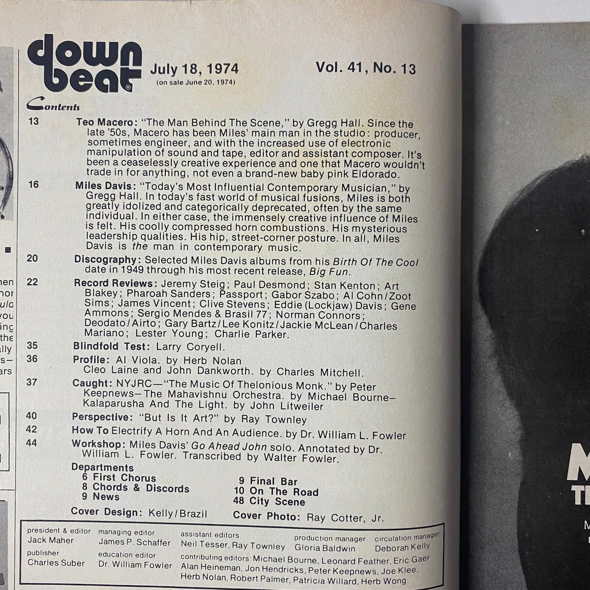 Down Beat Magazine July 18, 1974, Vol 41 No. 13. Features the table of contents including highlights such as 'Teo Macero: The Man Behind The Scene' and 'Miles Davis: Today’s Most Influential Contemporary Musician'. Cover design by Kelly/Brazil with photography by Ray Cotter Jr.