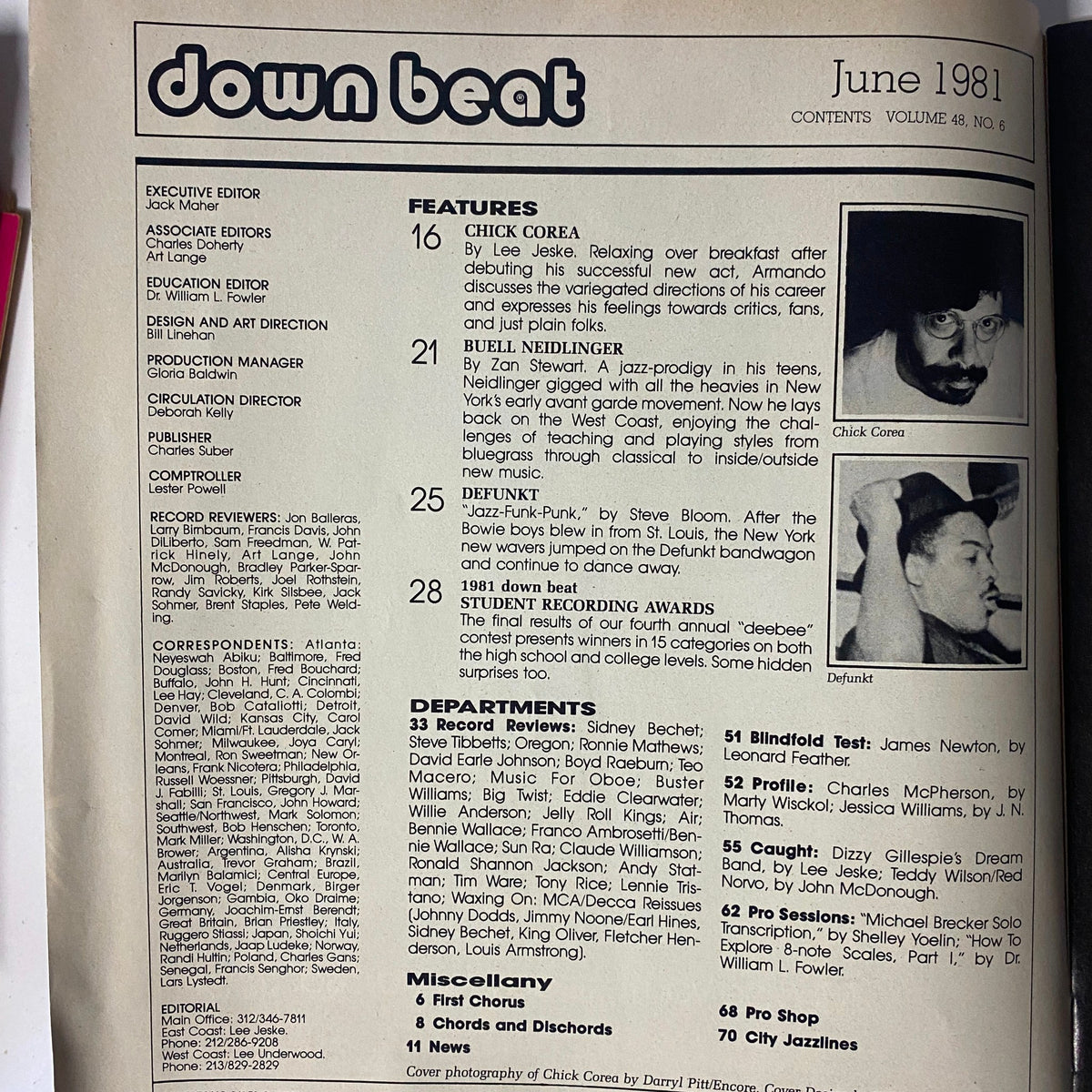 Table of Contents for Down Beat Magazine, June 1981, Vol. 48, No. 6. The contents include interviews and features on Chick Corea and Buell Neidlinger, along with articles about Defunkt and the 1981 Down Beat Student Recording Awards.