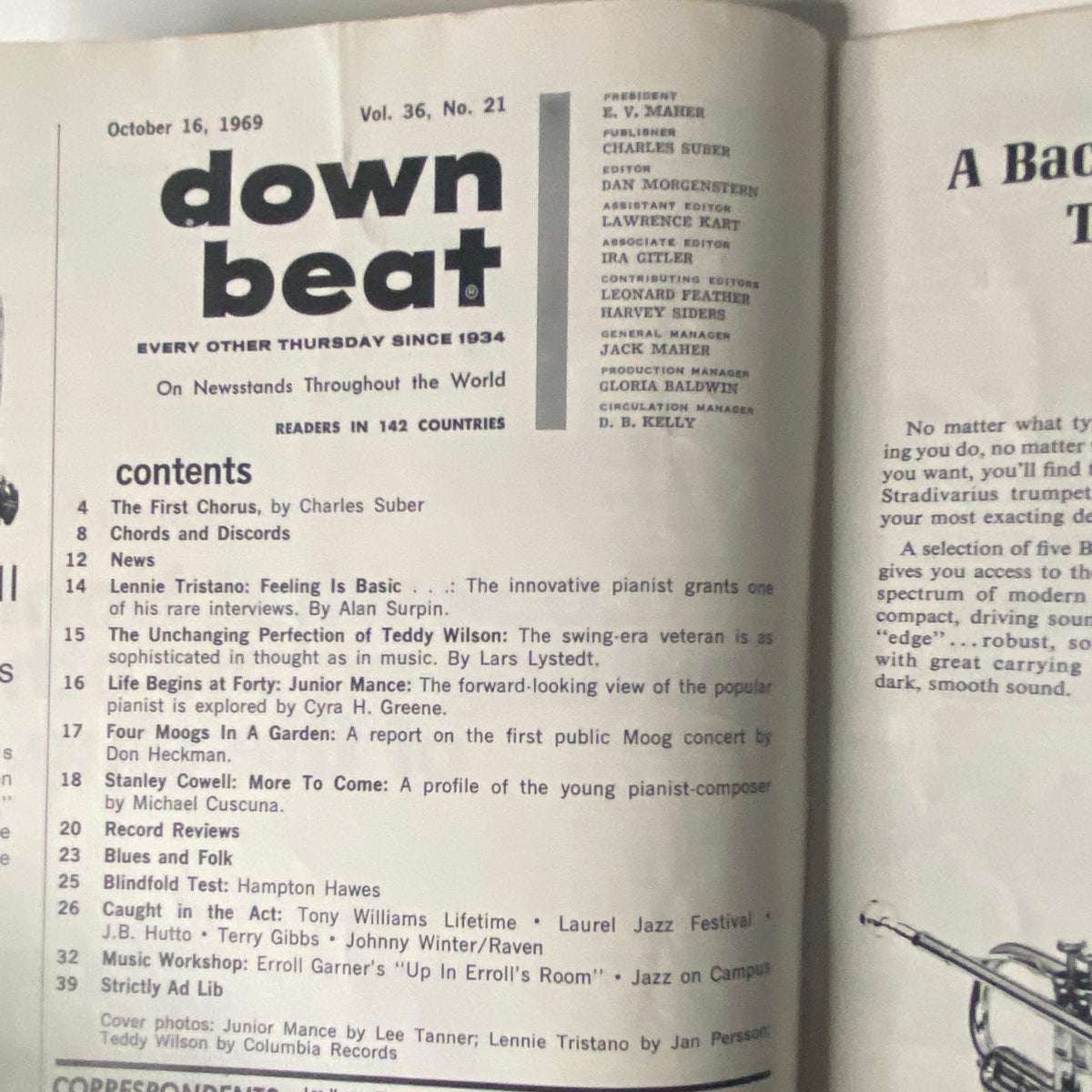 Inside page of Down Beat Magazine, October 16, 1969, Vol 36 No 21, featuring content highlights including a profile on Lennie Tristano, Teddy Wilson, Junior Mance, and coverage of the first public Moog concert.