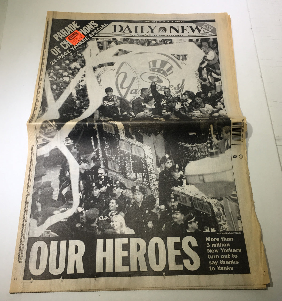 NY Daily News headline from October 30, 1996, featuring a black and white image of a parade celebrating the Yankees, with the title 'OUR HEROES' highlighting the event where more than 3 million New Yorkers turned out to say thanks to Yanks.