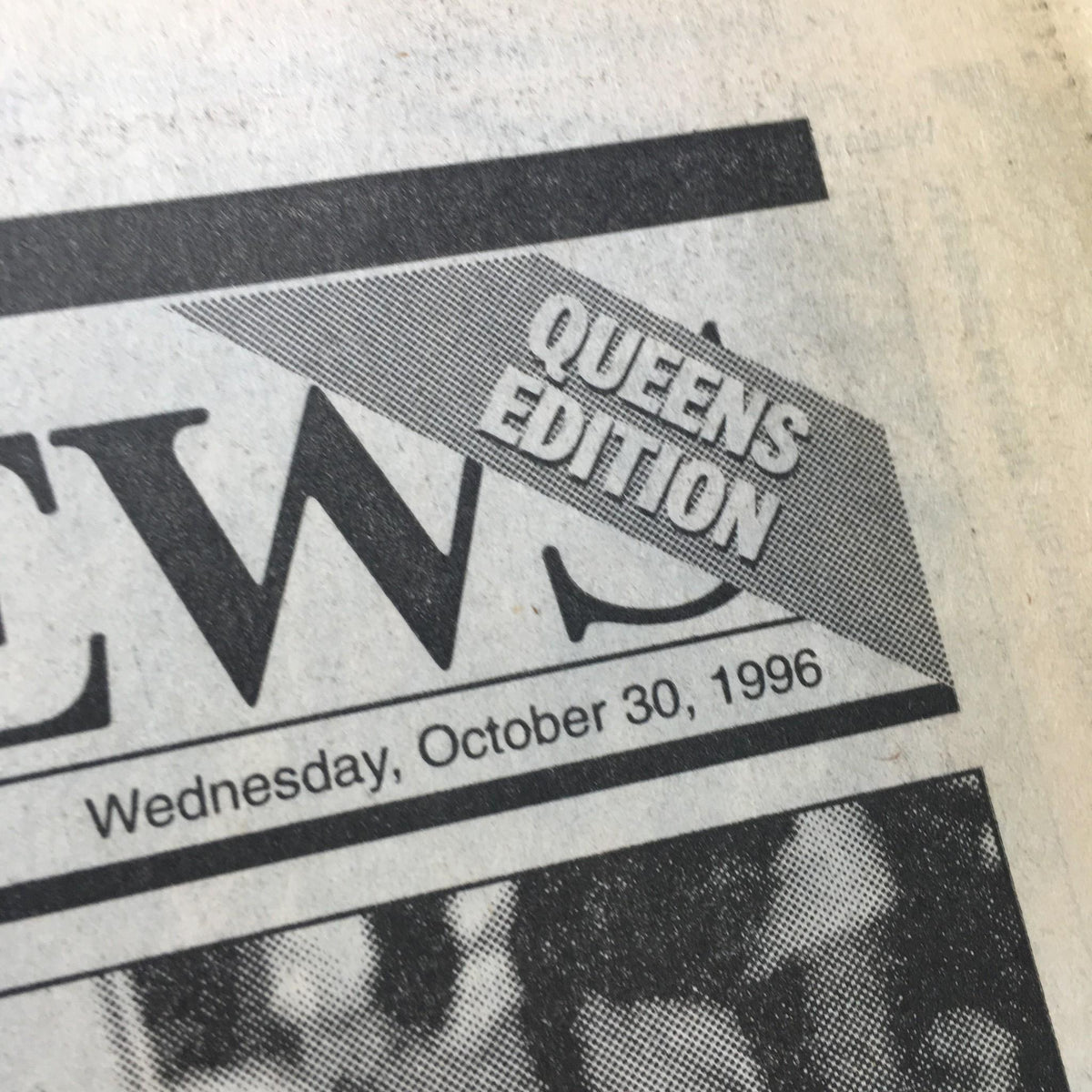 Close-up of the NY Daily News date section, showing 'Queens Edition' and 'Wednesday, October 30, 1996', from the newspaper covering the Yankees celebration.