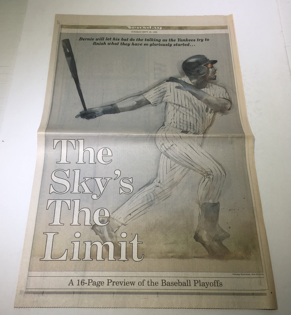 Original Newsday newspaper from September 29, 1998, featuring the title 'The Sky's the Limit,' highlighting the New York Yankees baseball playoffs and showcasing a graphic of a player swinging a bat.