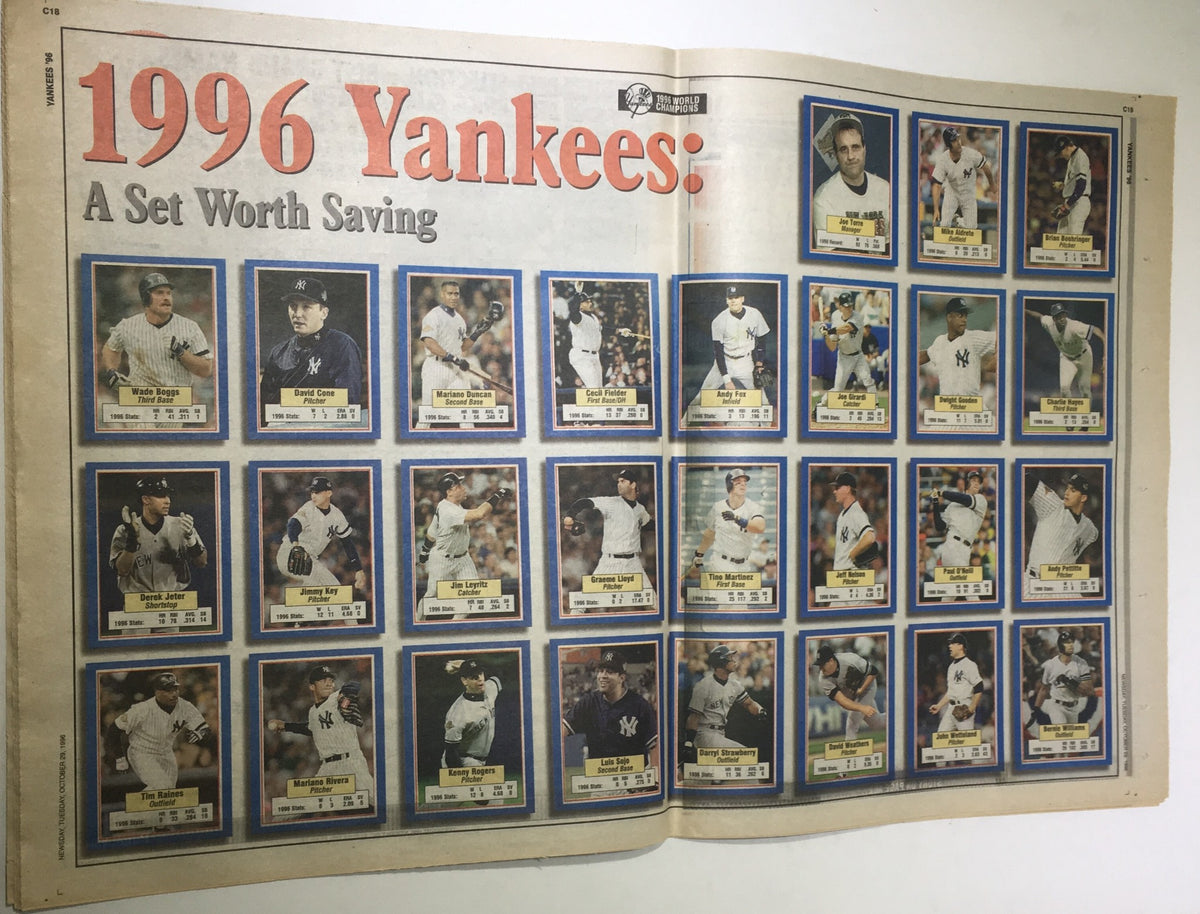 A collection of trading cards showcasing the 1996 Yankees team with the title '1996 Yankees: A Set Worth Saving'.