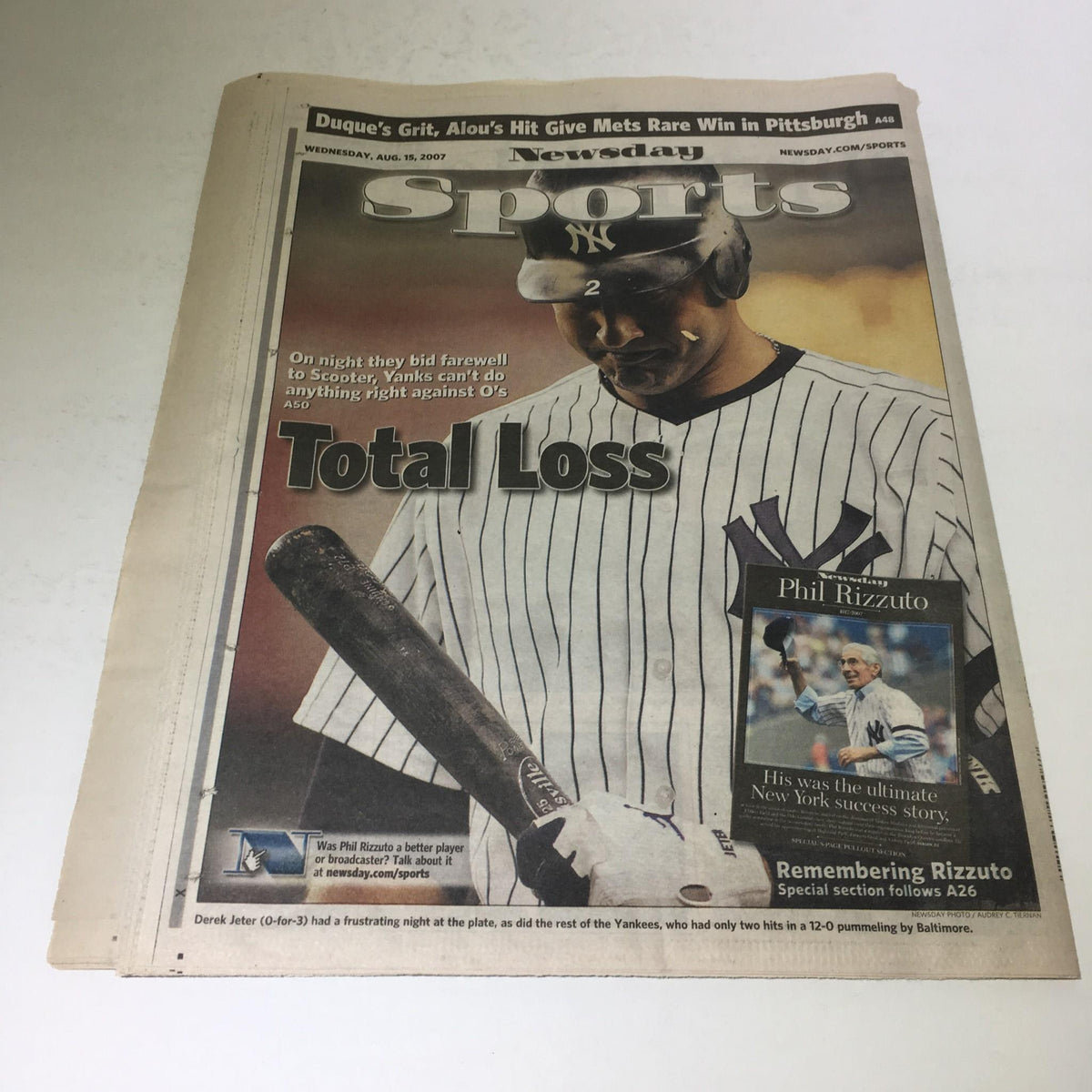 Sports section of Newsday: Aug 15 2007 - The Scooter 1917 - 2007 featuring an article titled 'Total Loss' focused on Phil Rizzuto, reflecting key baseball highlights.