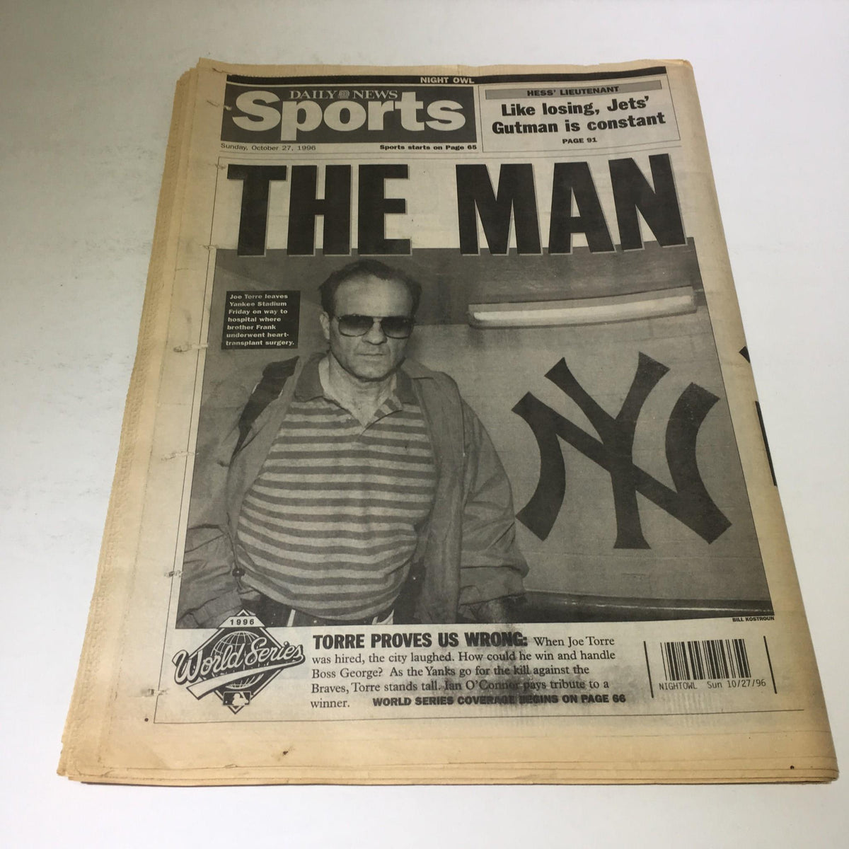 Another edition of the New York Daily News sports section from October 27, 1996, featuring the title 'THE MAN,' with an image of a man in a Yankees cap, highlighting World Series coverage.