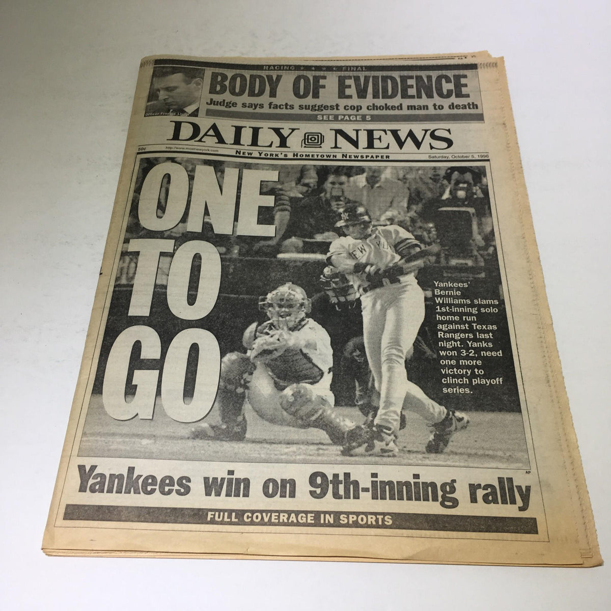 New York Daily News headline from October 5, 1996: 'One To Go' featuring Yankees win on 9th inning rally, showcasing a dramatic sports moment.