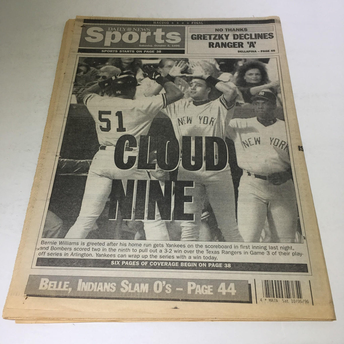 New York Daily News sports section from October 5, 1996, titled 'Cloud Nine,' celebrating the Yankees' win in a playoff series.