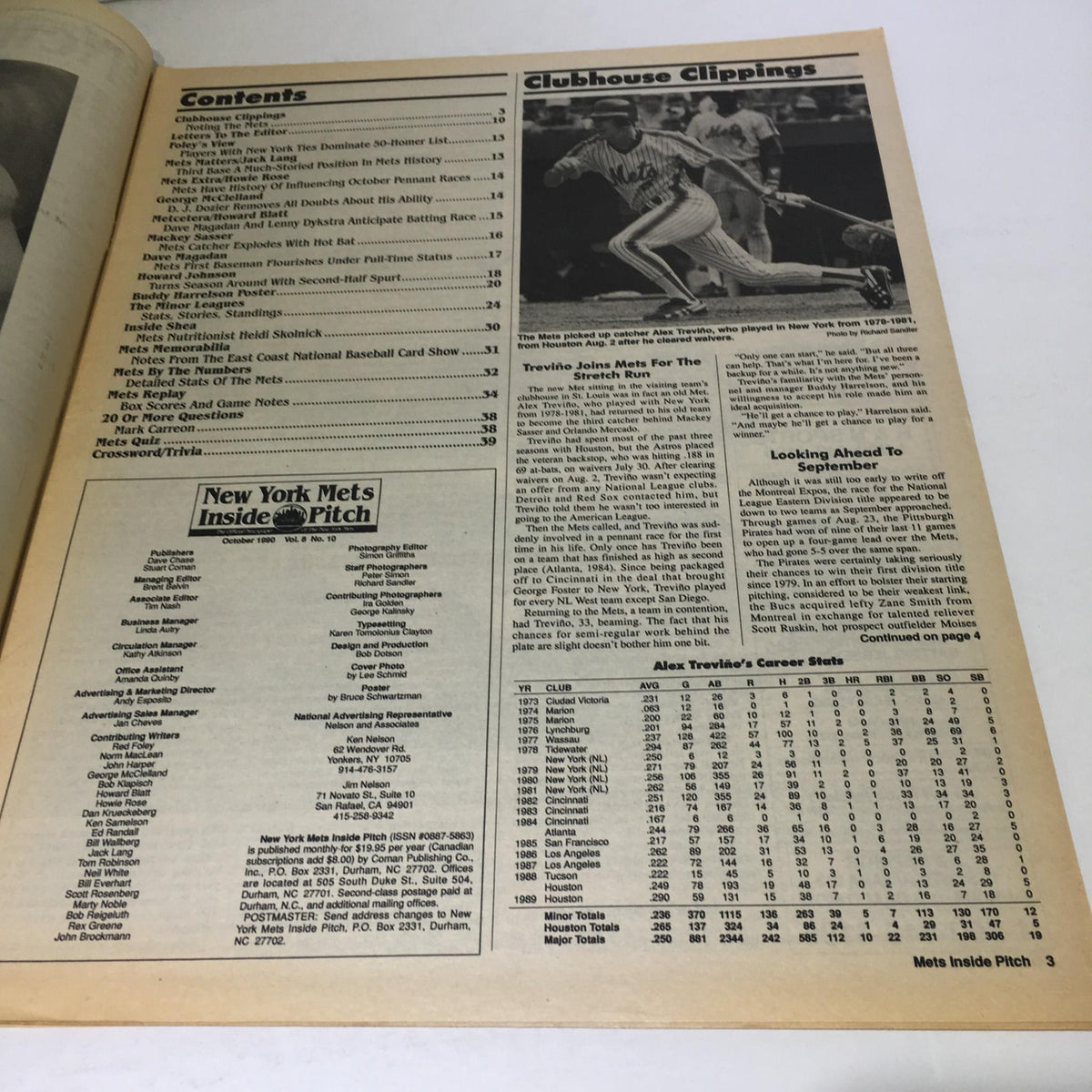 Interior page of the October 1990 New York Mets newspaper featuring the contents and stats section, showcasing club information.