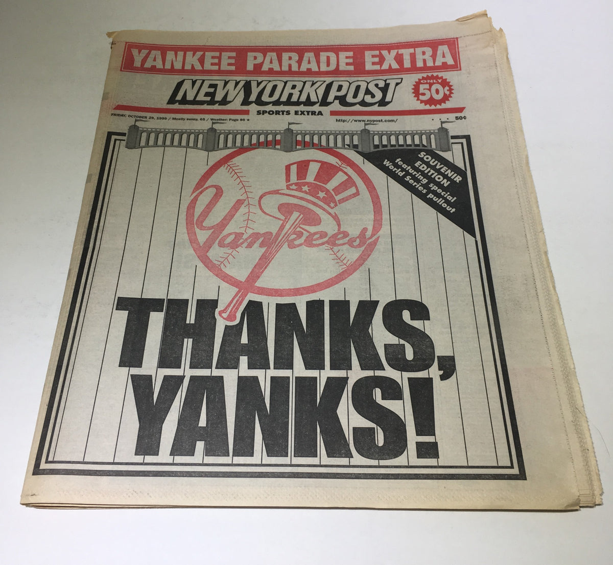 New York Post October 29, 1999 headline 'Yankee Parade Extra' featuring the text 'Thanks Yanks!' with Yankees logo, commemorating the victory parade.