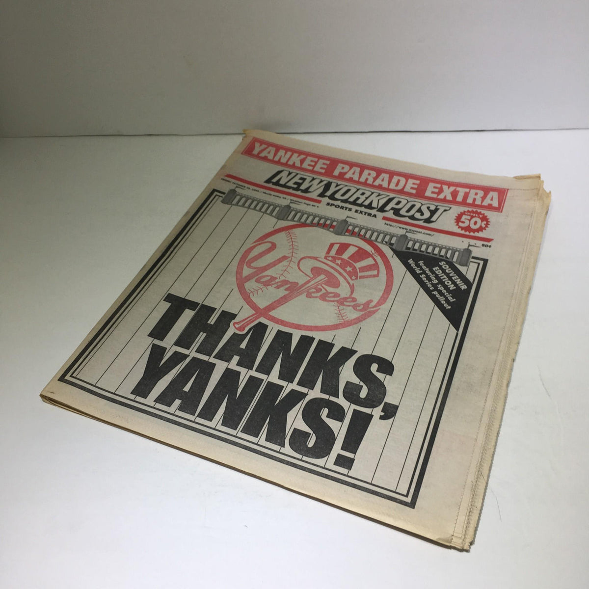 New York Post 'Yankee Parade Extra' from October 29, 1999 with the headline 'Thanks, Yanks!' commemorating the New York Yankees' triumph in the World Series.