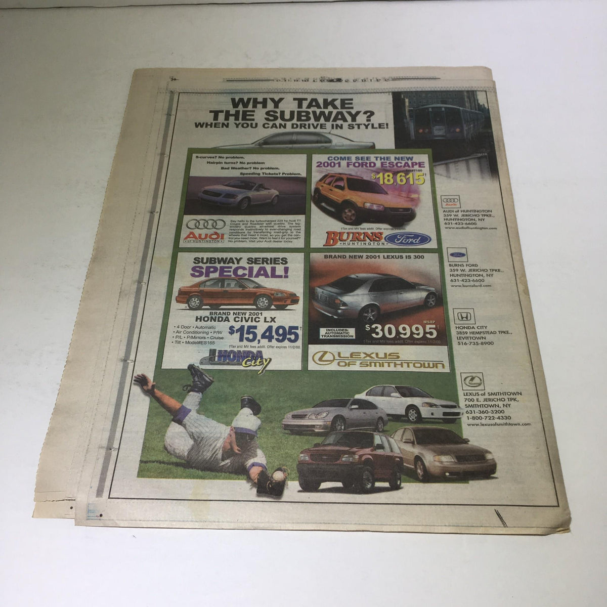 Advertisement page from Newsday on October 25, 2000, showcasing cars with a message promoting subway alternatives, relevant to urban transportation.