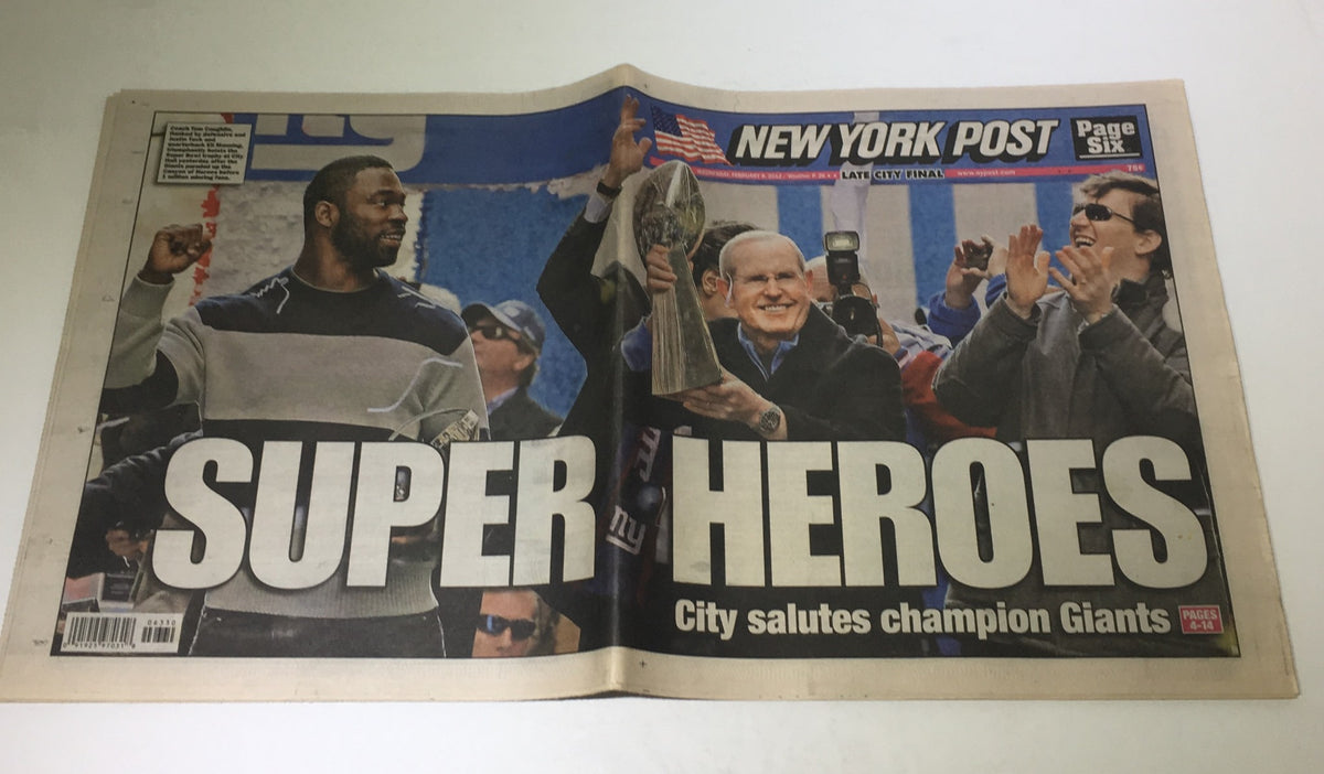 New York Post front page from February 8, 2012, titled 'Super Heroes,' celebrating the champion Giants with fans and players in the spotlight.