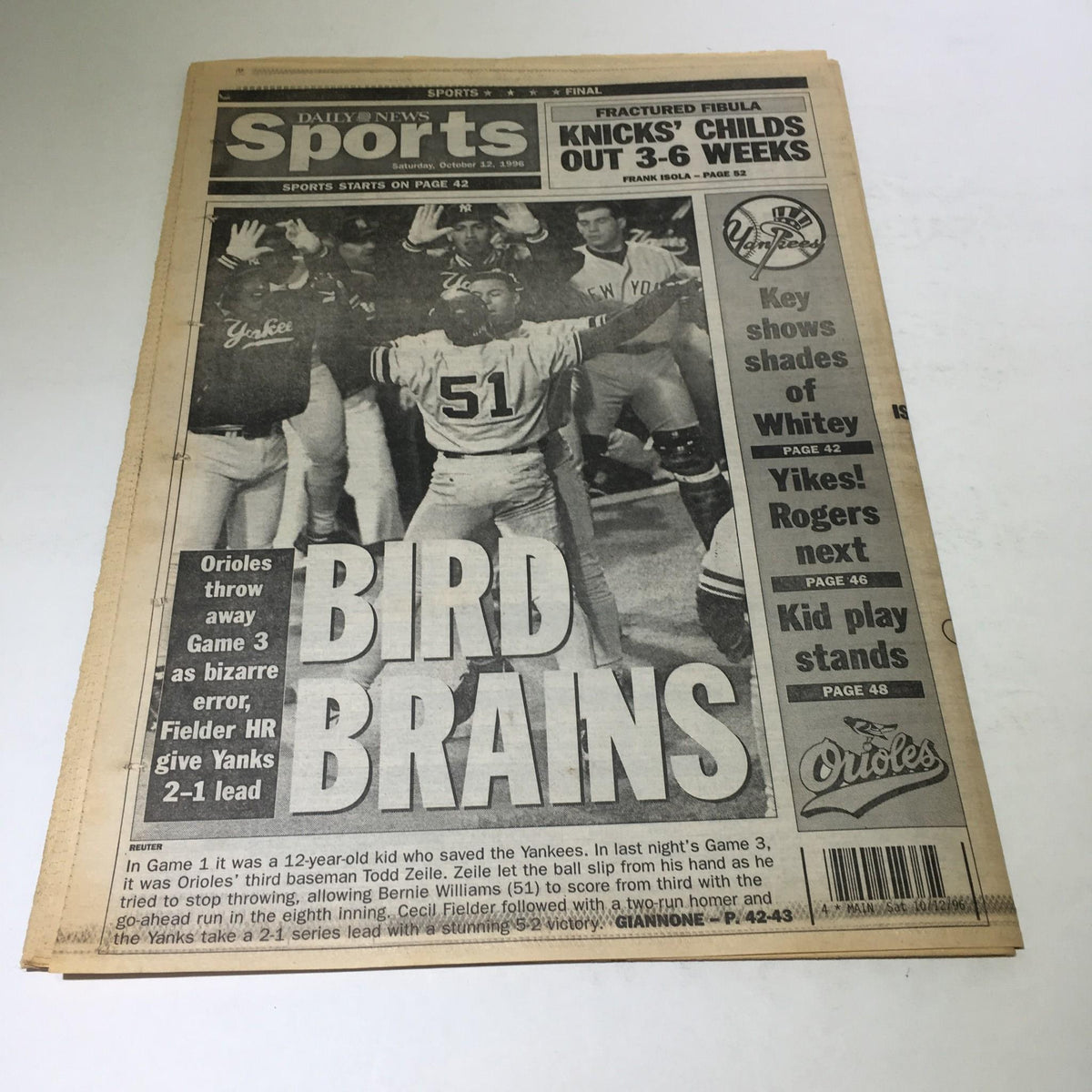 Another front page of New York Daily News from October 12, 1996, titled 'Bird Brains'. This edition covers the Yankees’ performance in the playoffs.