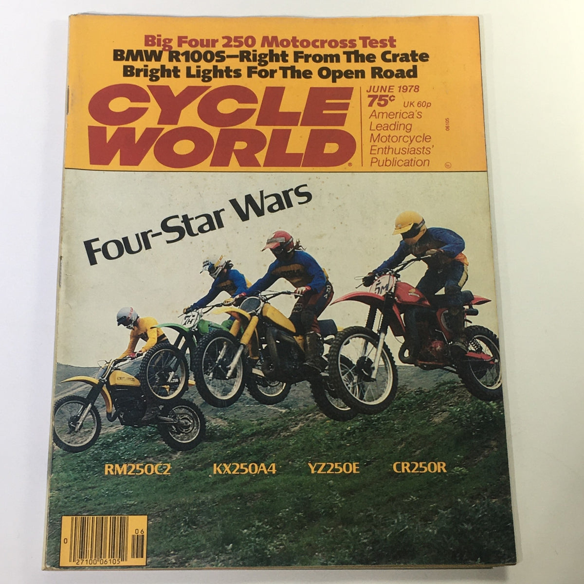 Cycle World Magazine June 1978 featuring a cover story on RM250C2, KX250A4, YZ250E, and CR250R tests, showcasing four motocross bikes in action.