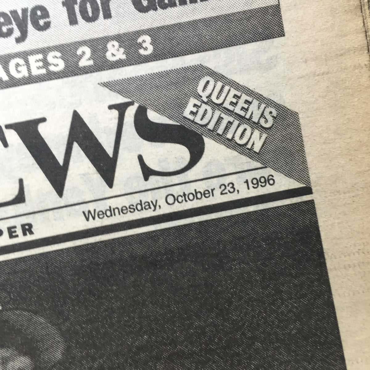 Top corner of NY Daily News, Queens Edition, dated Wednesday, October 23, 1996, showcasing the newspaper design.