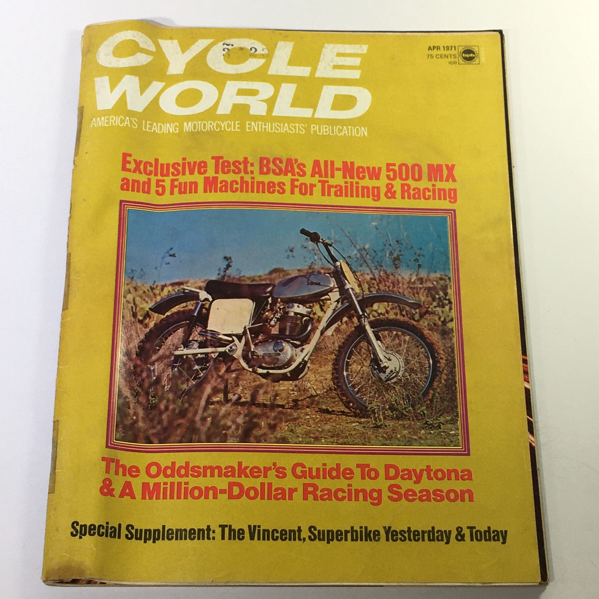 Vintage Cycle World Magazine from April 1971 featuring BSA 500 MX on the cover, highlighting exclusive tests and articles on motorcycle trailing and racing.
