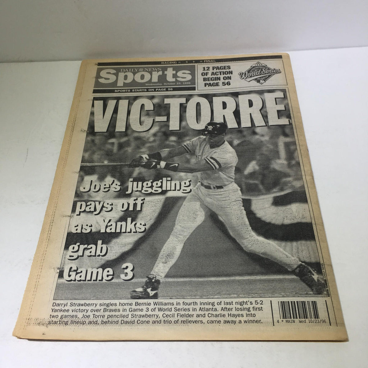Cover of Sports section in NY Daily News, featuring 'Vic-Torre', detailing play highlights from World Series Game 3 on October 23, 1996.