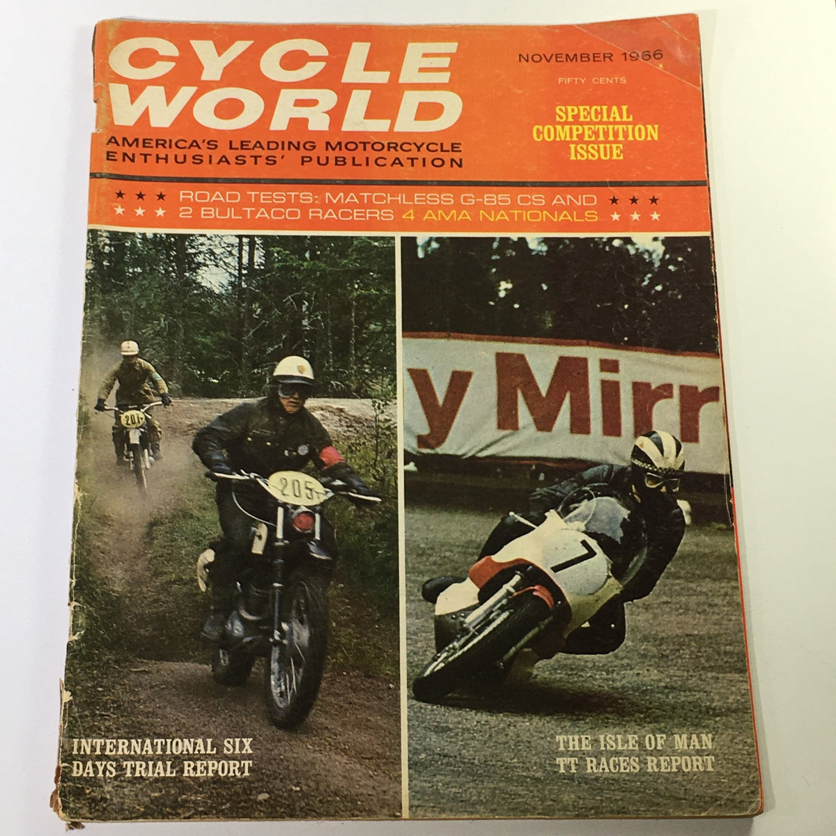 Cover of VTG Cycle World Magazine November 1966 featuring G-85 CS and 2 Bultaco Racers AMA National. The design showcases classic motorcycling themes and vibrant colors, appealing to collectors and motorcycle enthusiasts.