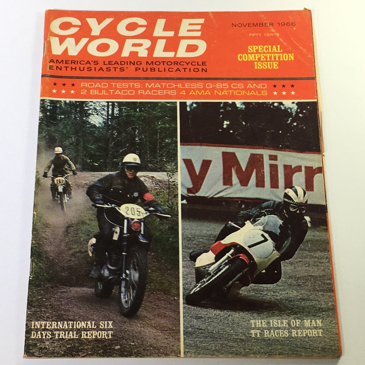 Cycle World Magazine November 1966 cover featuring articles on the Isle of Man TT Races and International Six Days Trial report, showcasing motorcycle racing imagery.