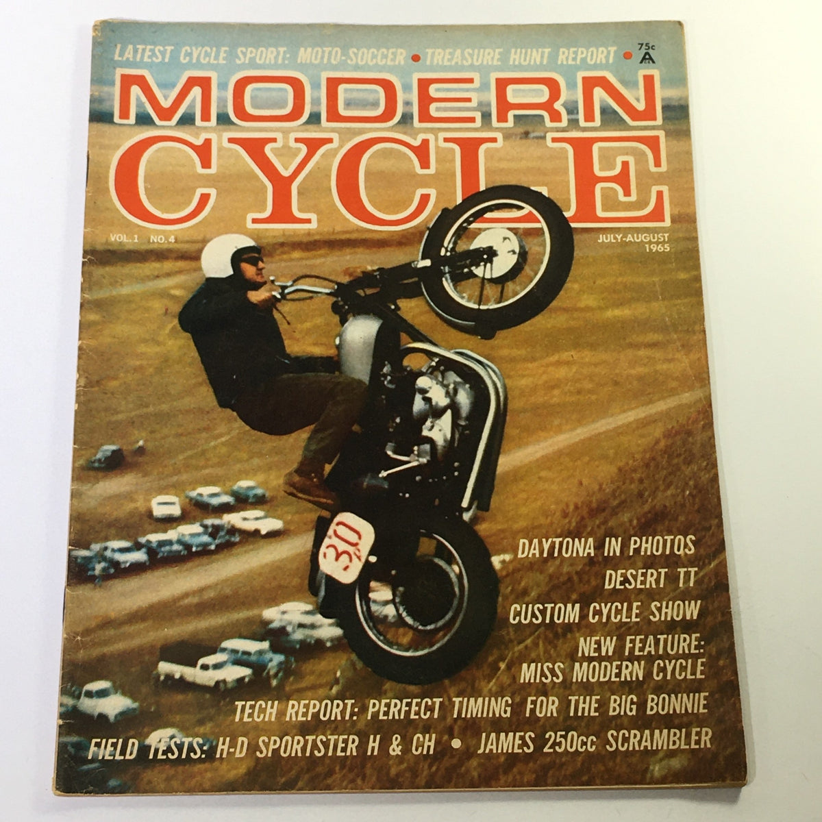 Cover of VTG Modern Cycle Magazine July-August 1965 featuring a rider performing a stunt on a motorcycle, showcasing articles on H-D Sportster H & CH and James 250cc.