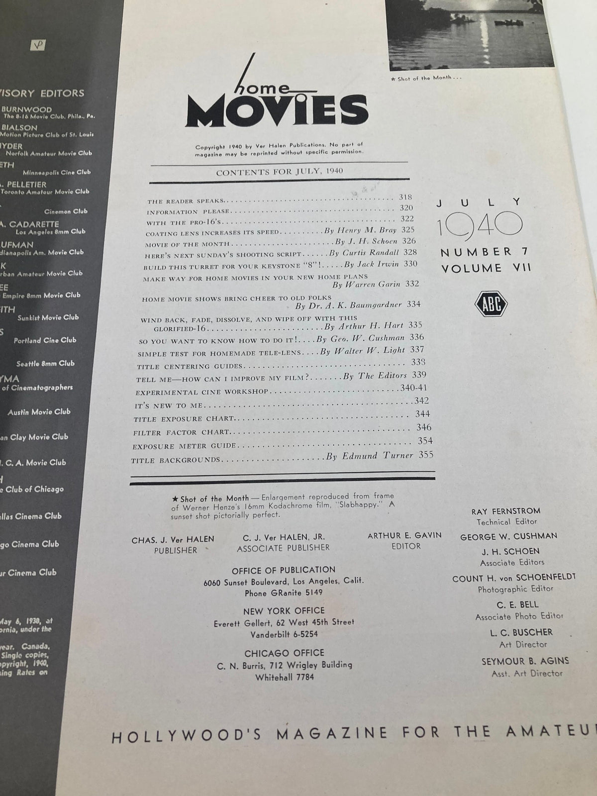 Contents page of the VTG Home Movies Magazine July 1940, detailing articles and features related to amateur film-making.