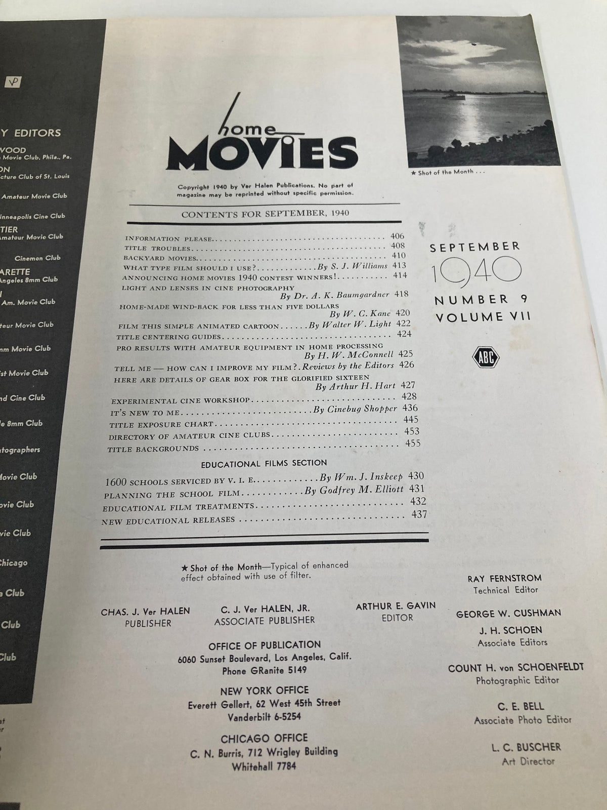 Inside contents page of VTG Home Movies Magazine September 1940, detailing articles and features on amateur filmmaking and photography.