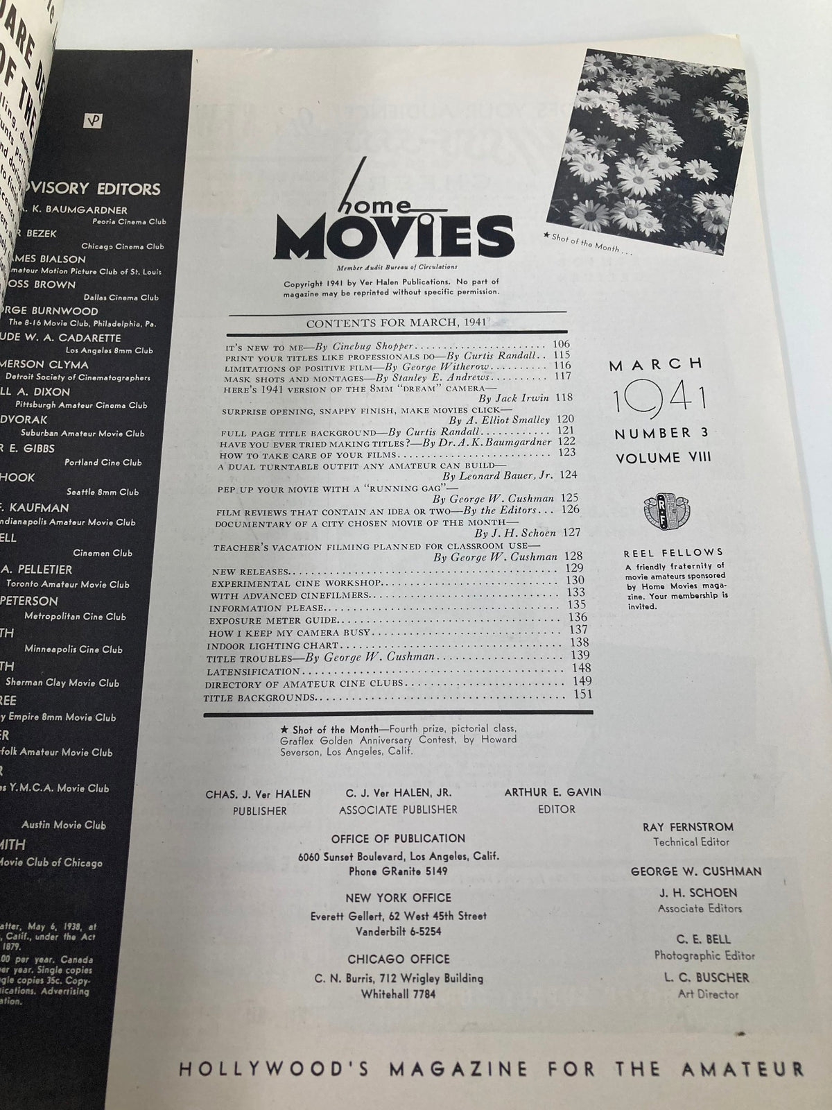 Contents page of VTG Home Movies Magazine March 1941, detailing articles and features in this vintage magazine.
