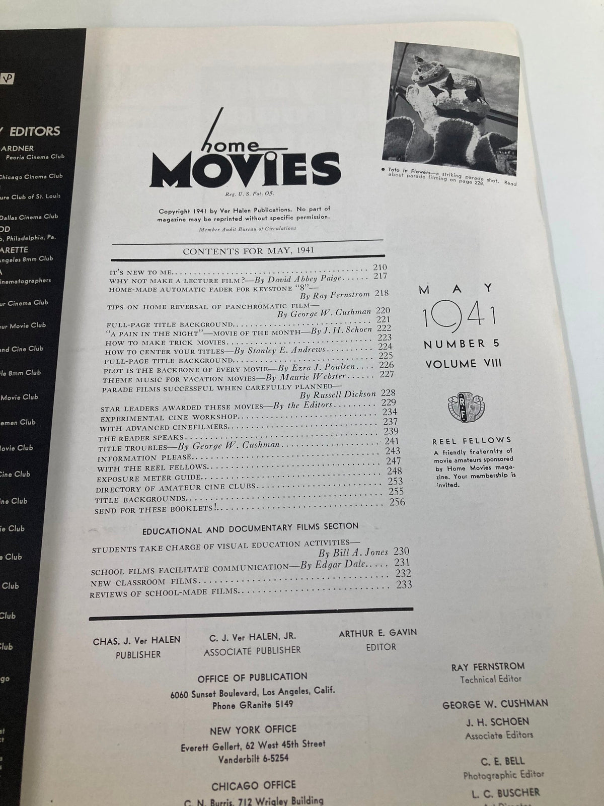 Contents page of VTG Home Movies Magazine May 1941, detailing articles and features relevant to home filmmaking, with the magazine's title prominently displayed.