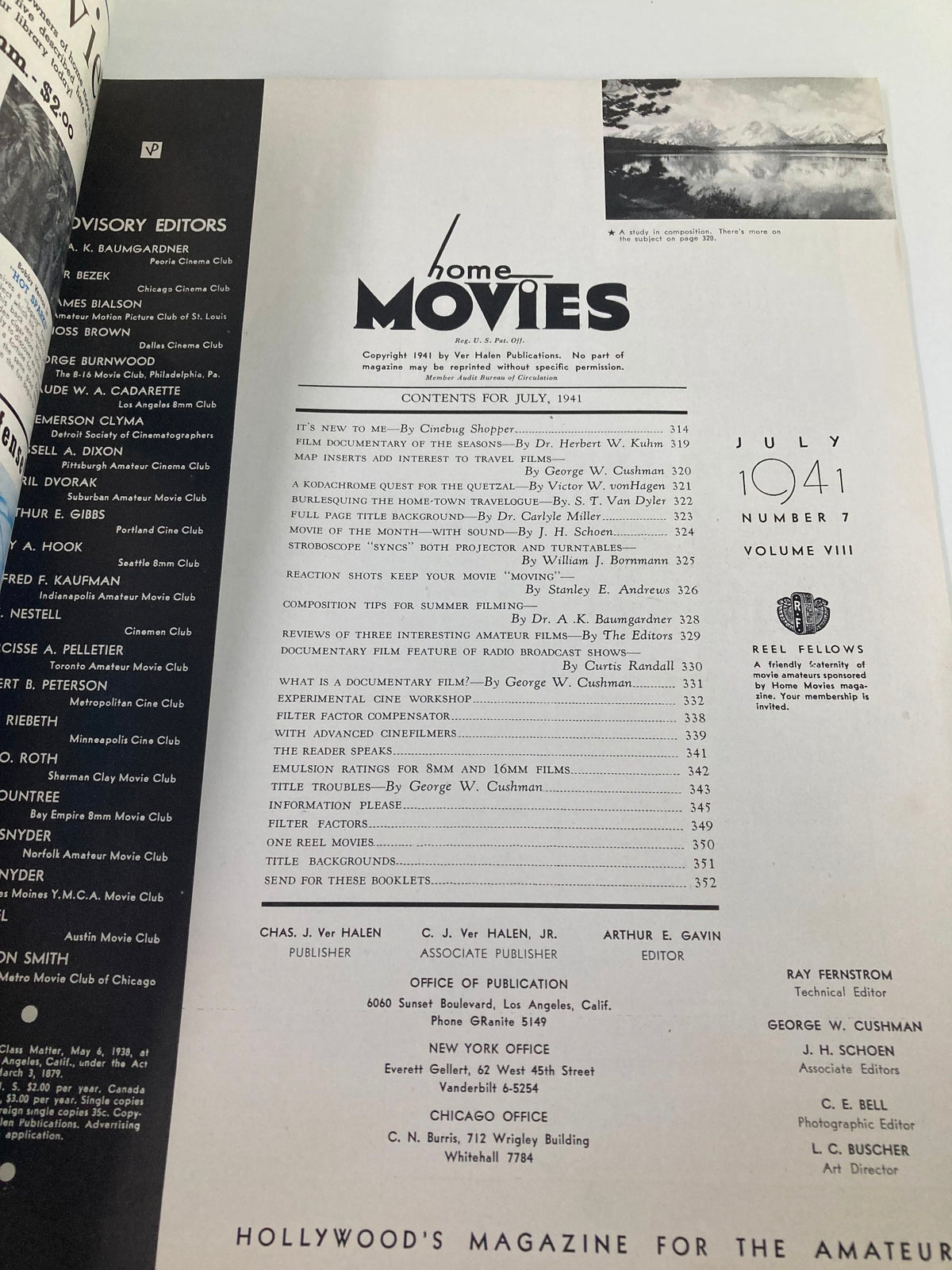 Interior page of VTG Home Movies Magazine July 1941 featuring editorial contents and articles related to home movie filmmaking, including composition tips for summer filming.