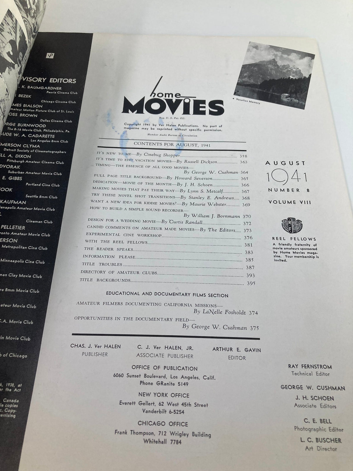 Interior page of VTG Home Movies Magazine August 1941 showing the contents section, highlighting articles related to home movie making.