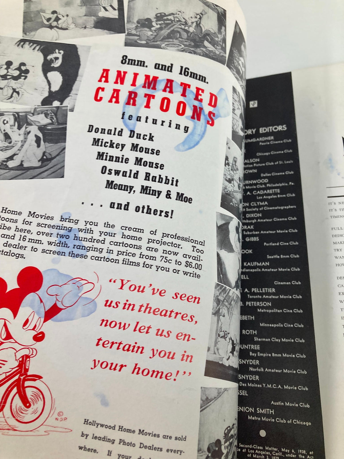 Interior page of VTG Home Movies Magazine August 1941 featuring an advertisement for animated cartoons, showcasing classic movie culture.
