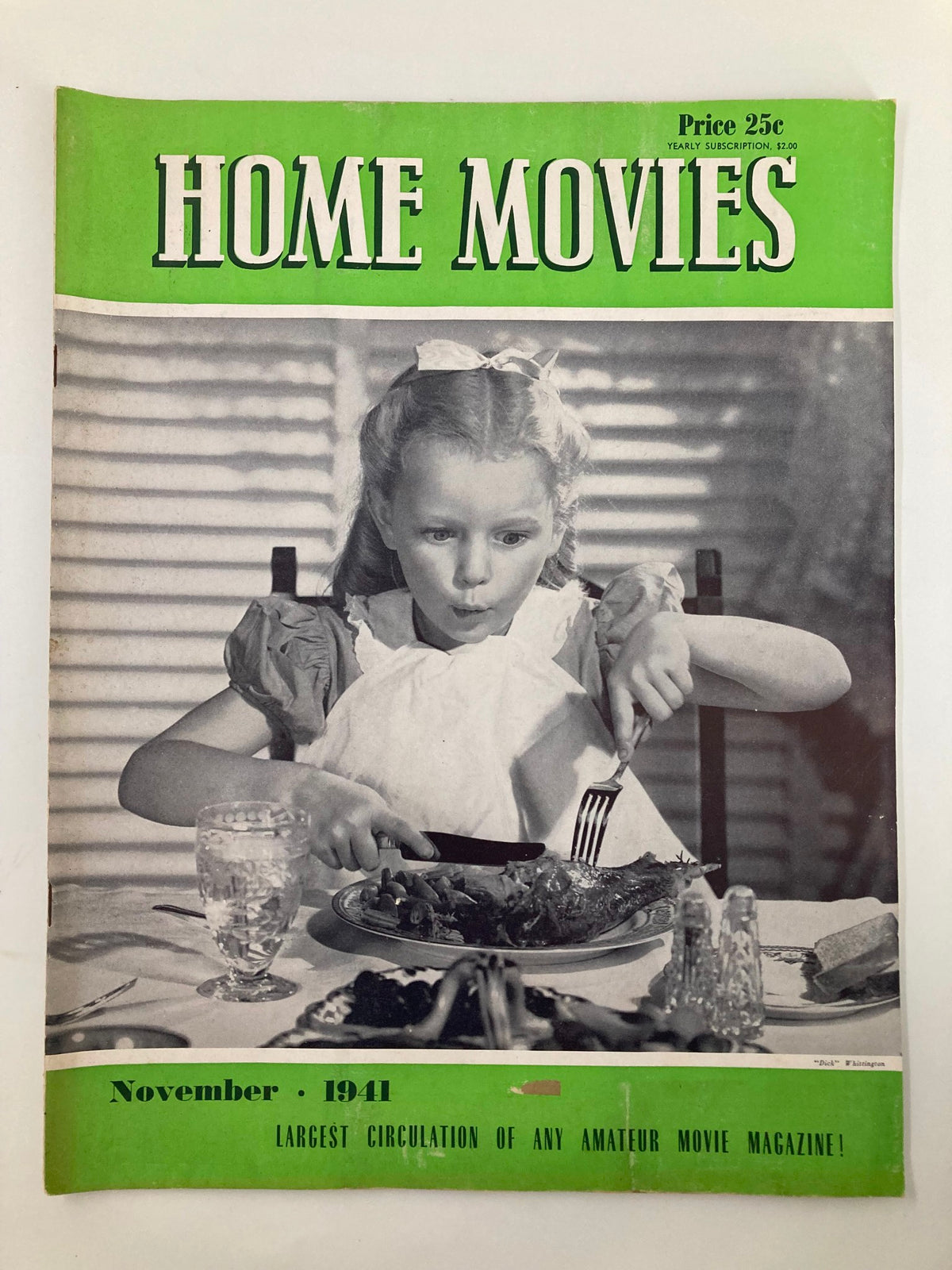 VTG Home Movies Magazine November 1941 cover featuring a young girl enjoying a meal, showcasing vintage design and historical significance in film culture.