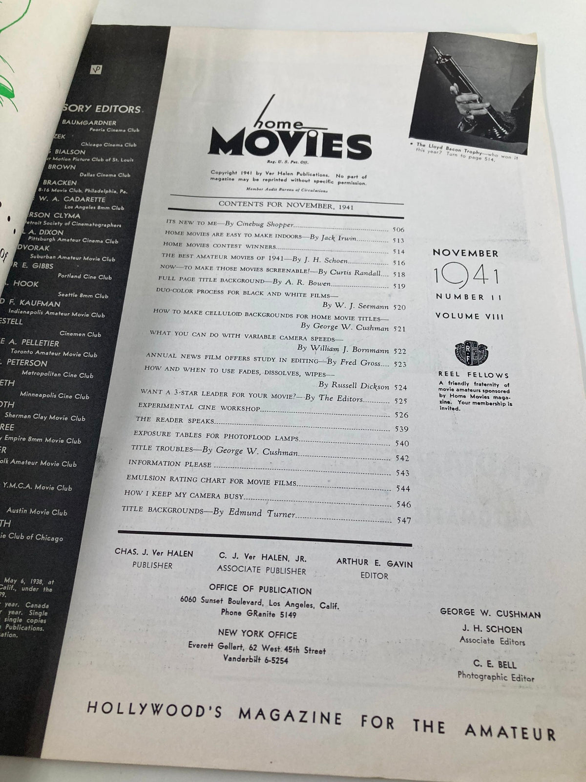 Contents page of VTG Home Movies Magazine November 1941, showcasing articles and features about home movies and amateur filmmaking.