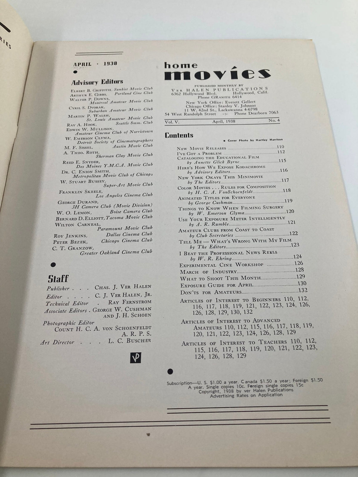 Interior page of VTG Home Movies Magazine April 1938 displaying editorial staff and contents, including vintage articles related to amateur filmmaking.