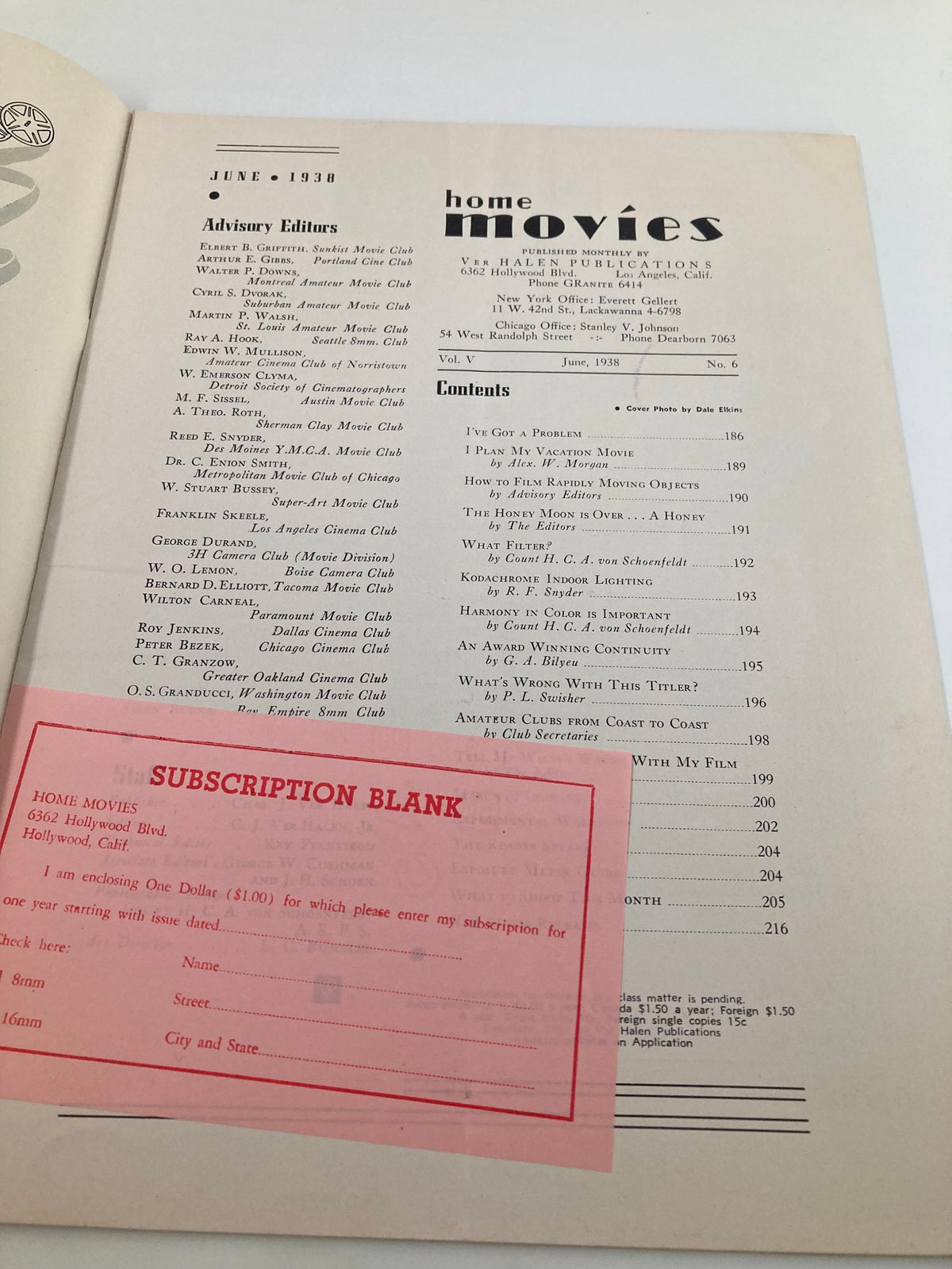 Table of contents from VTG Home Movies Magazine June 1938, showcasing articles related to amateur filmmaking and home movies.