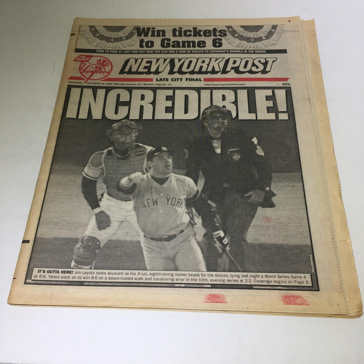 Vintage New York Post newspaper from October 24, 1996, featuring the headline 'Incredible!' covering memorable moments in sports, specifically relating to the Yankees.