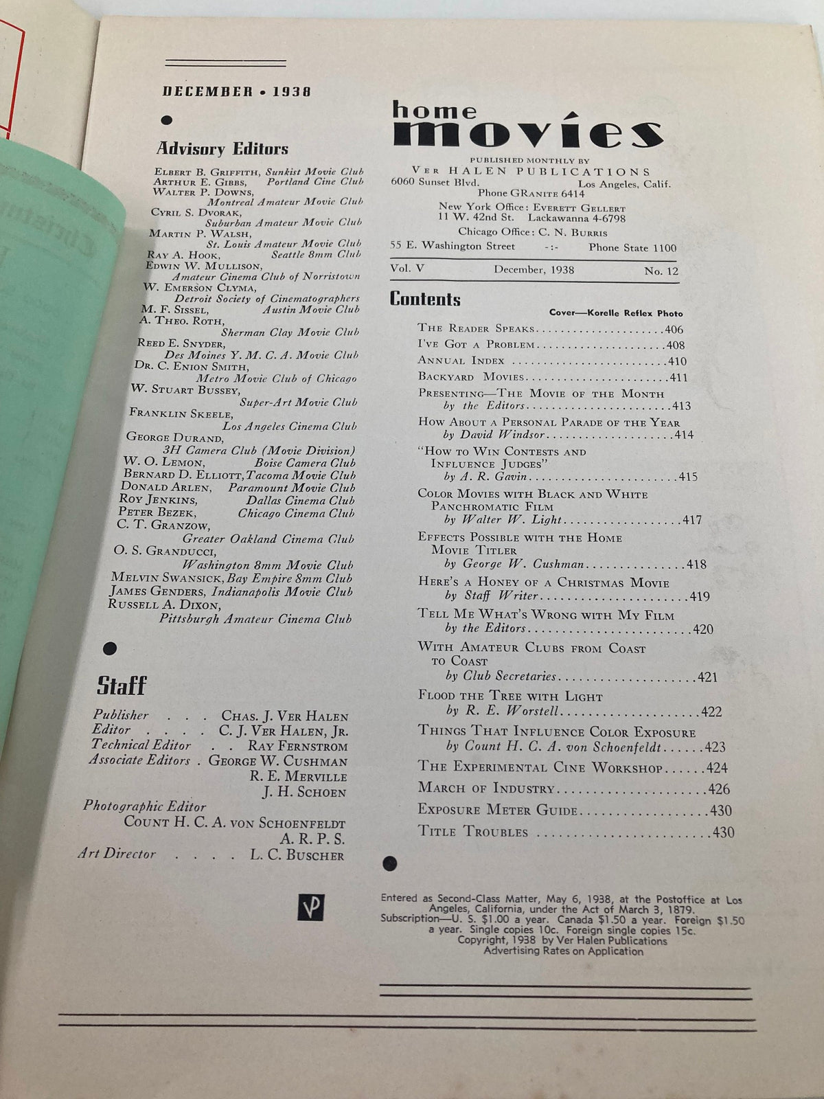 VTG Home Movies Magazine December 1938 showing Advisory Editors and Contents page with historical information about home videography.