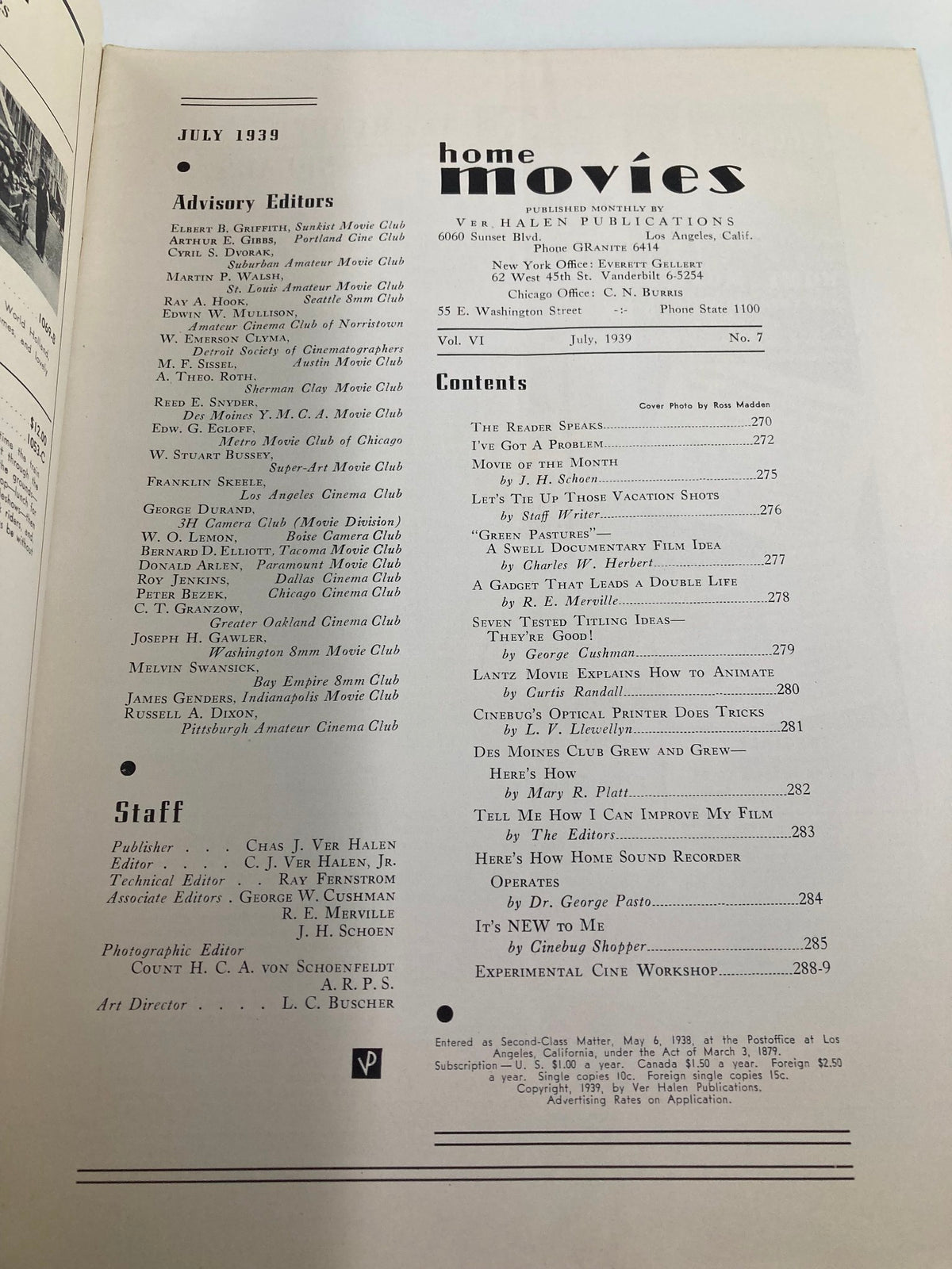 Interior page of VTG Home Movies Magazine July 1939 displaying the contents and editorial staff; provides insights into the magazine's focus on amateur filmmaking.