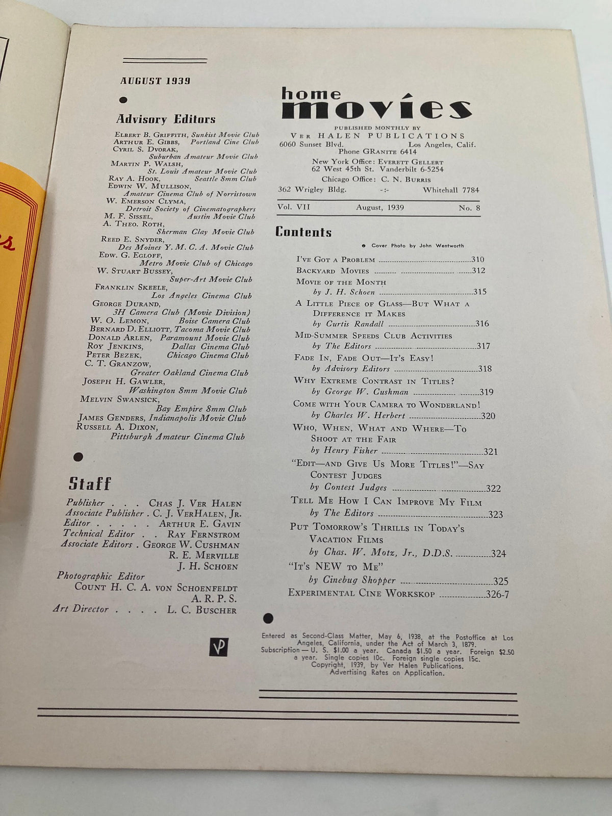 Inside page of VTG Home Movies Magazine August 1939 displaying the advisory editors and contents of the magazine, highlighting various articles related to home filmmaking.